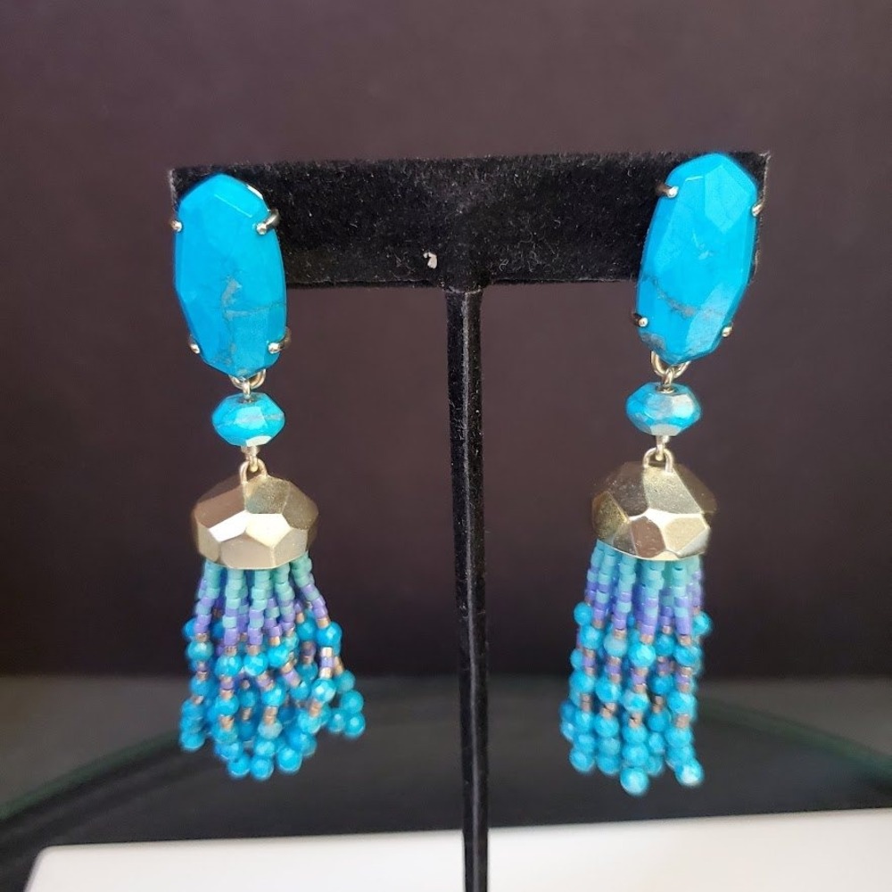 Kendra Scott Dove Earrings Turquoise Magnesite Beaded Tassel Statement Gold Tone